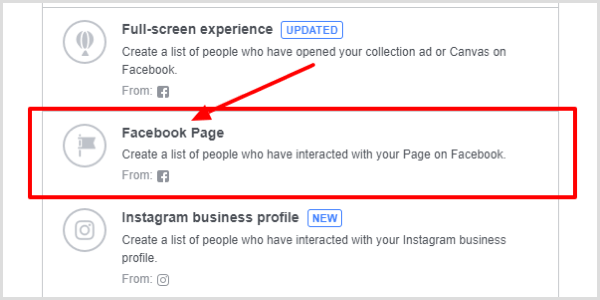 בחר דף פייסבוק כסוג ההתקשרות.