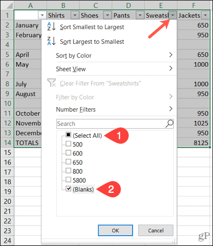 סנן שורות ריקות ב- Excel