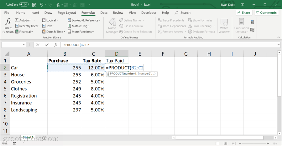 באמצעות פונקציית המוצר ב- Excel