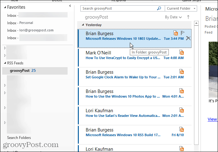 תיקיית הזנות RSS ב- Outlook