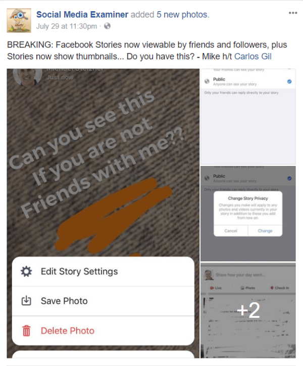 פייסבוק מציגה תמונות שיתוף ופומביות ממוזערות לסיפורים.