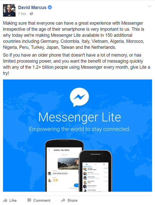 פייסבוק מסנג'ר לייט זמין כעת במדינות נוספות ברחבי העולם.