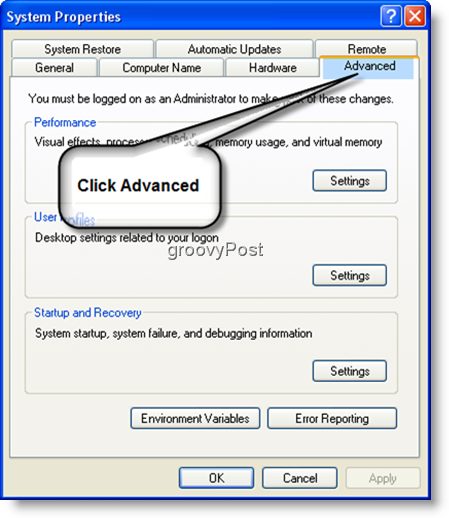 מאפייני מערכת הגדרות מתקדמות Windows XP