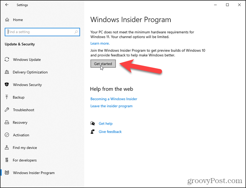 לחץ על התחל עבור תוכנית Windows Insider