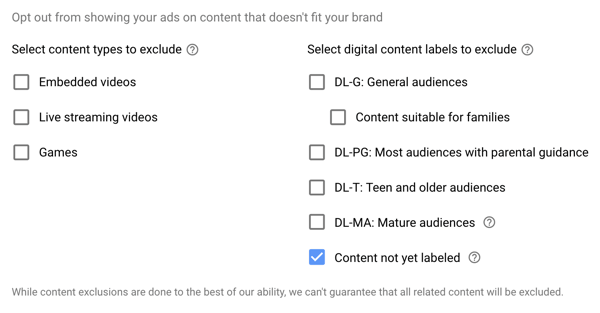 כיצד להגדיר קמפיין מודעות YouTube, שלב 15, להגדיר סוגים שאינם נכללים ואפשרויות תווית