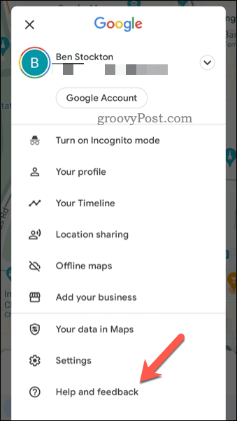פתח את תפריט המשוב של מפות Google