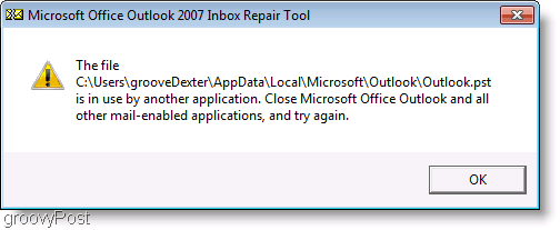 צילום מסך - חלון ההודעה לתיקון ScanPST של Outlook 2007