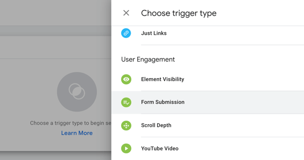 השתמש ב- Google Tag Manager עם Facebook, שלב 19, אפשרויות תפריט לבחירת סוג ההדק ב- Google Tag Manager