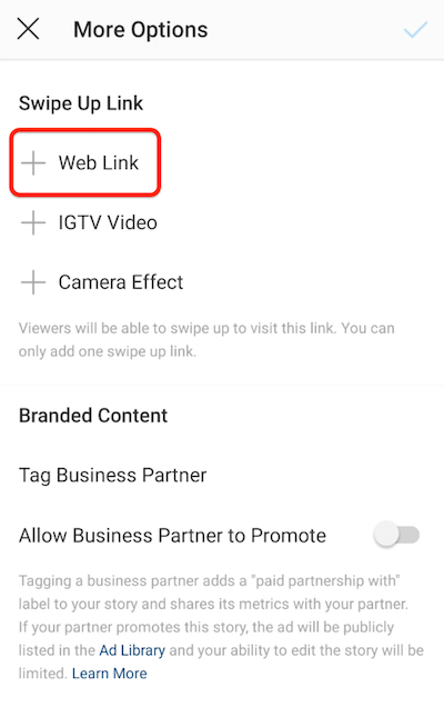 אפשרויות תפריט instagram כדי להוסיף קישור החלקה למעלה עם אפשרות קישור לאינטרנט מודגשת