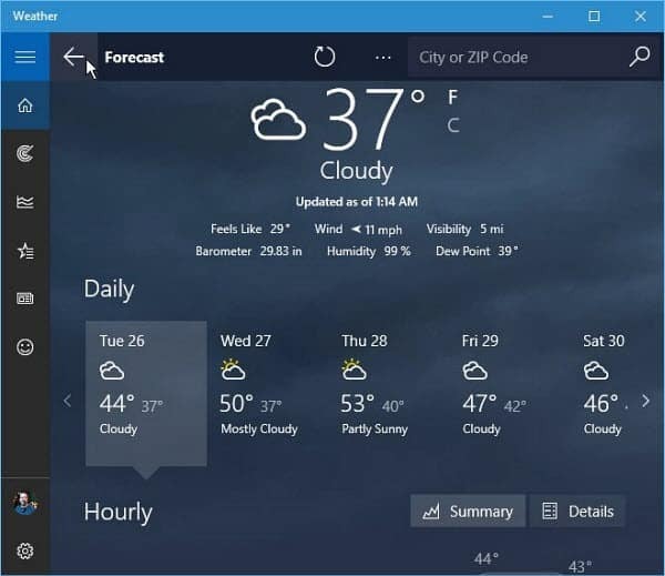 תחזית אפליקציות מזג אוויר של Windows 10
