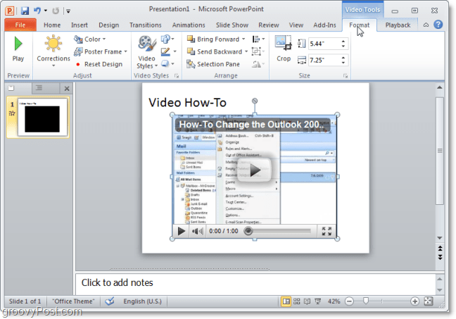 סרטון ב- PowerPoint 2010 מ- YouTube