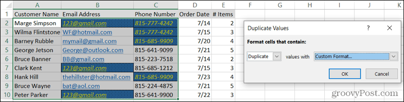 כפילויות מעוצבות בהתאמה אישית ב- Excel