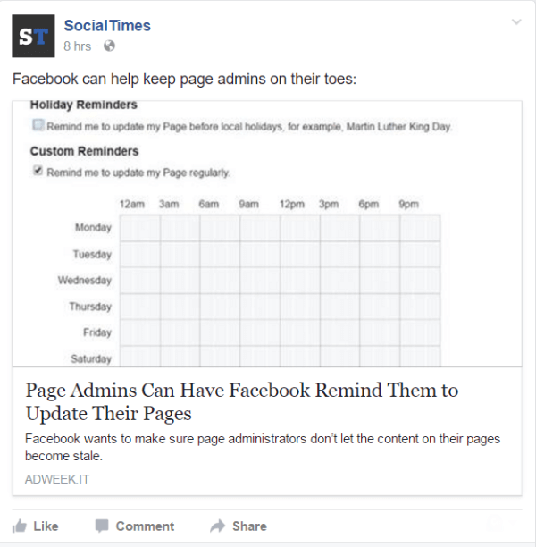 פייסבוק מוסיפה יכולת להגדיר תזכורות למנהלי עמודים.
