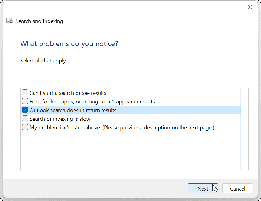 חיפוש Windows 11 Outlook לא עובד