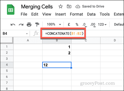 דוגמה לנוסחת CONCATENATE פשוטה ב-Google Sheets
