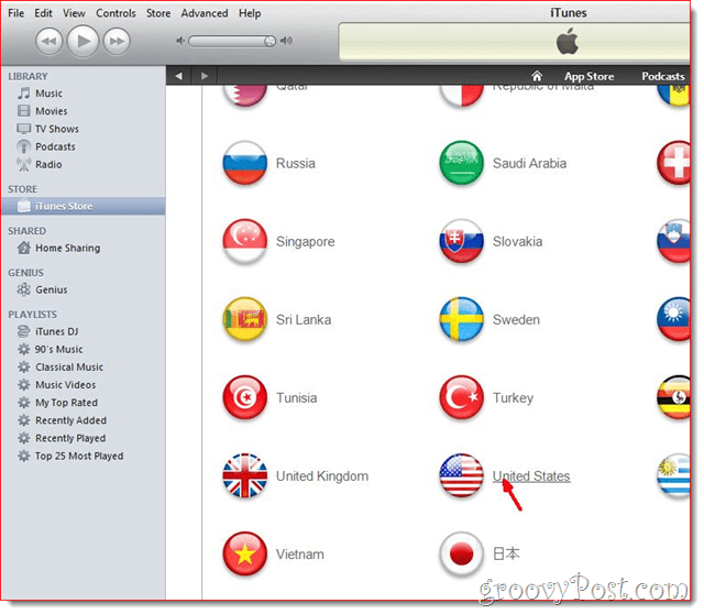 iTunes - לחץ על דגל ארצות הברית
