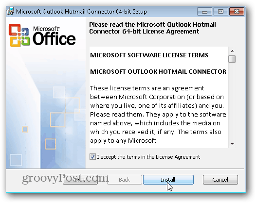 מחבר Hotmail של Outlook.com - לחץ על התקן