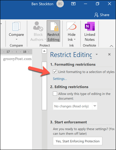 הגבלת אפשרות העיצוב ב- Microsoft Word