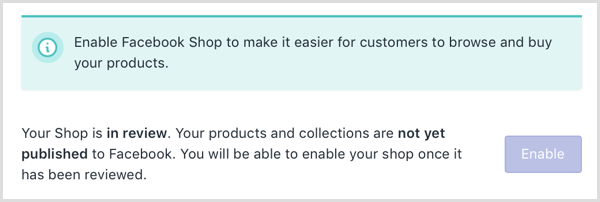 Shopify מציג הודעה מקוונת לפיה חנות הפייסבוק שלך נמצאת בבדיקה.
