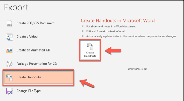 כפתור Create Handouts ב- PowerPoint