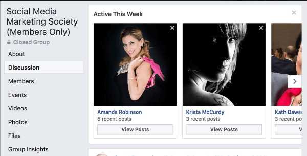 פייסבוק מדגישה אילו חברי הקבוצה היו הפעילים ביותר השבוע בקבוצה.