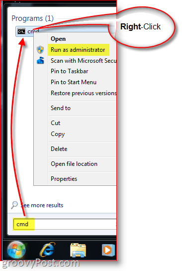 השקת CMD - שורת הפקודה של Windows כמנהל עם לחיצה ימנית