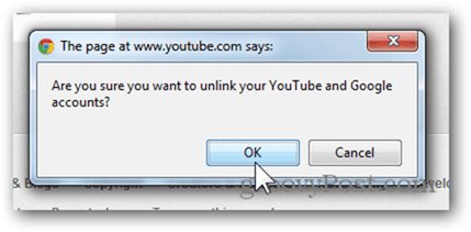 קשר חשבון YouTube לחשבון Google חדש - לחץ על אישור כדי לבטל קישור של חשבון
