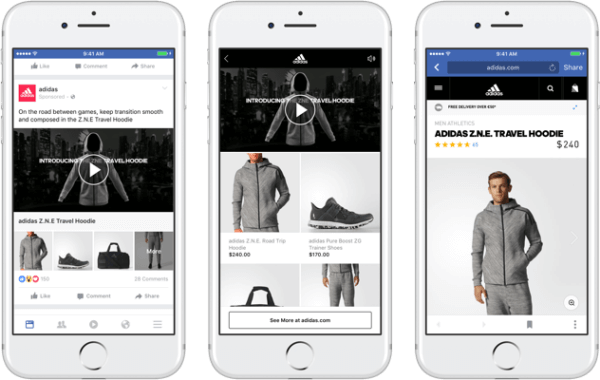 עם פורמט המודעות החדש של פייסבוק, המותגים יכולים להציג סרטון או תמונה ראשוניים שמובילים לחוויית קניות עמוקה וטעינה מהירה בפייסבוק. 