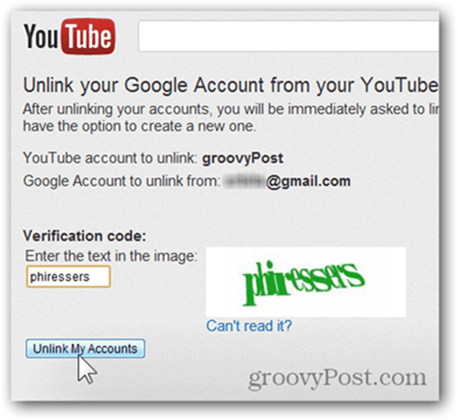 קשר חשבון YouTube לחשבון Google חדש - לחץ על ביטול קישור חשבונות