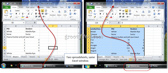 שני גיליונות אלקטרוניים של Excel באותו חלון