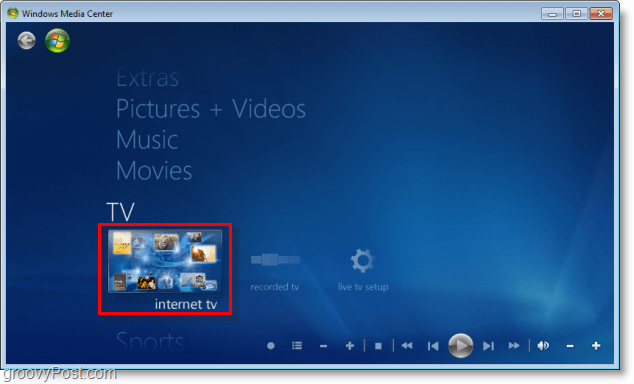 Windows 7 Media Center - לחץ על טלוויזיה באינטרנט