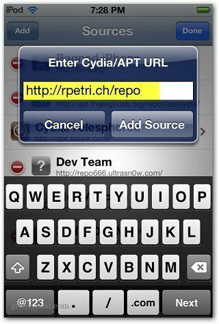 הזן את כתובת האתר של Cydia APT
