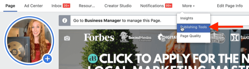 דוגמה לדף העסקי של פייסבוק במנהל העסקים של פייסבוק עם אפשרות התפריט של כלי פרסום מודגשת