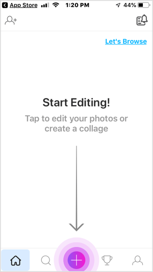 הקש על כפתור + באפליקציית PicsArt לנייד.