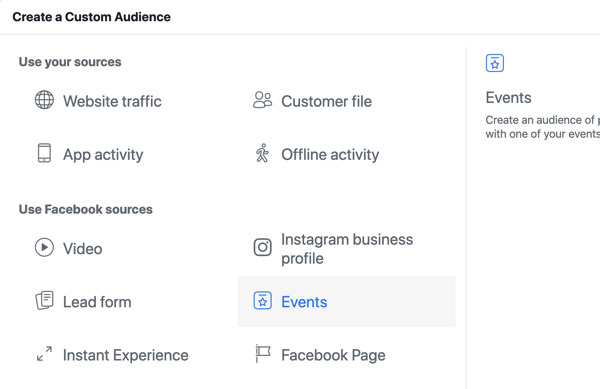 כיצד לקדם את האירוע החי שלך בפייסבוק, שלב 10, ליצור קהל מותאם אישית במנהל המודעות של פייסבוק בהתבסס על תצוגות עמוד האירוע