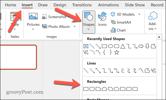 הוסף צורה לתוך PowerPoint