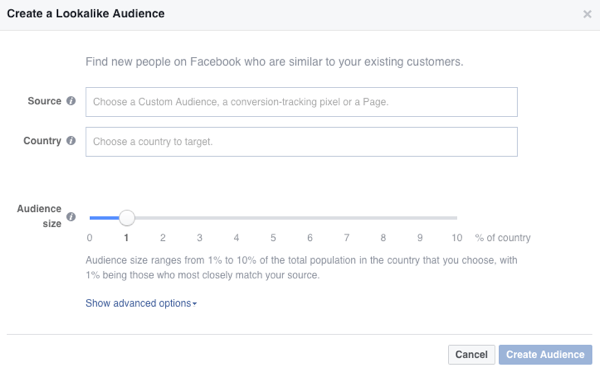 תראה אפשרויות אלה כאשר אתה יוצר קהל דומה לפייסבוק.