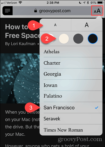 שנה גופן וצבע בתצוגת Reader בספארי עבור iOS