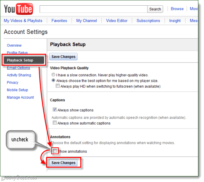 הגדרת ההפעלה של YouTube מציגה הערות שמורות שינויים