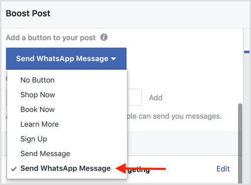 בחר באפשרות שלח הודעת WhatsApp כאשר אתה מגביר פוסט בפייסבוק.