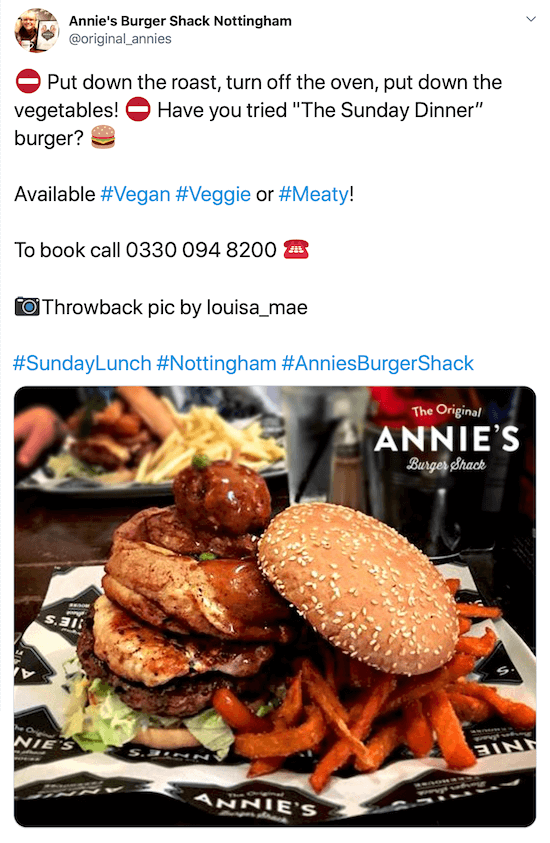 צילום מסך של פוסט בטוויטר מאת @original_annies עם תמונה של המבורגר וצ'יפס בטטה תחת תיאור קליט, מספר הטלפון שלהם, אשראי לתמונות, והאשטגים.