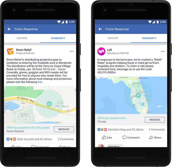 פייסבוק הודיעה כי ארגונים ועסקים יכולים כעת לפרסם עזרה קהילתית ולספק מידע ושירותים קריטיים לאנשים כדי לקבל את העזרה הנחוצה להם בעת משבר.