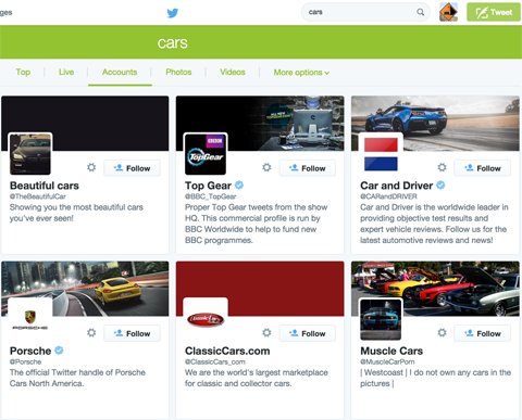 תוצאות חיפוש של טוויטר למכוניות