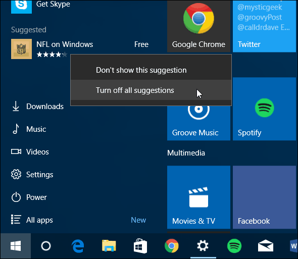 תפריט התחלה של Windows 10 כבה אפליקציות מוצעות