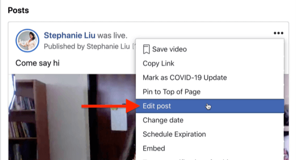 אפשרות לערוך את ההודעה של הזרם החי של פייסבוק מתחת לתפריט שלוש הנקודות בפינה השמאלית העליונה של הודעת הזרם
