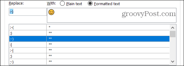 החלפות טקסט מעוצבות ב- Word ב- Windows