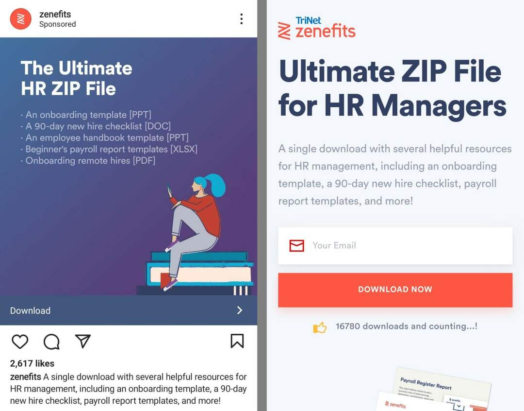 how-to-grow-your-email-list-on-instagram-using-instagram-landing-page-promotes-customer-email-download-cta-call-to-action-automatically-redirects-to-landing-page- zenefits-example-17