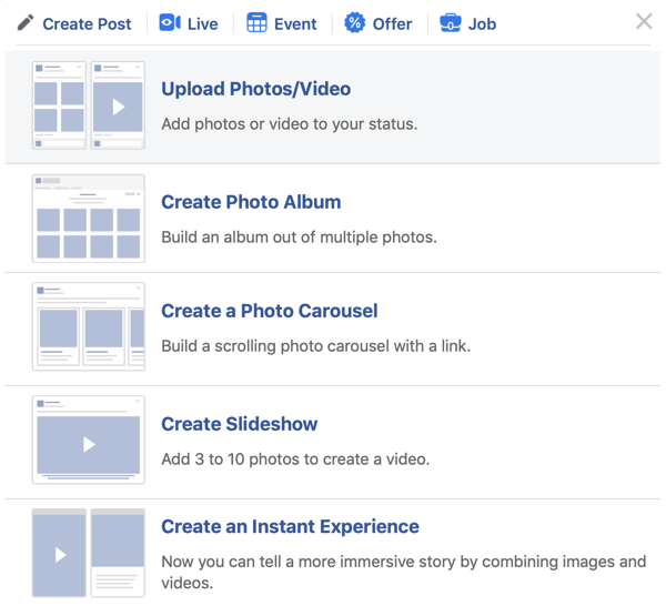 כיצד להגדיר את הבכורה של פייסבוק, שלב 2, העלאת אפשרות תמונה / וידאו
