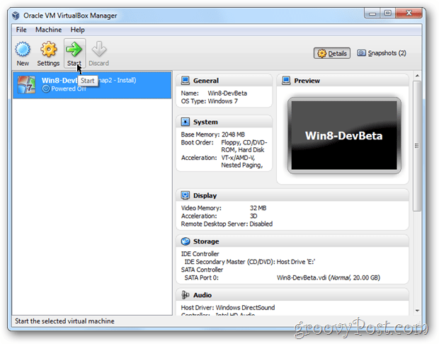 VirtualBox Windows 8 התחל vm