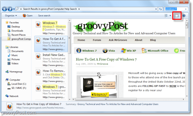 השתמש בחלונית התצוגה המקדימה של Windows 7 כדי להציג אתרים דרך מחבר חיפוש בחלון Explorer שלך